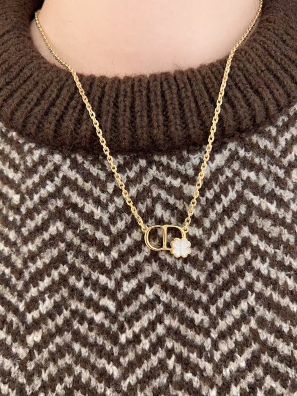 Dior Gold CD Logo White Mother of Pearl Clover Pendant Necklace